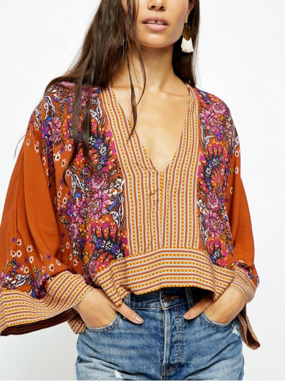 FREE PEOPLE Bohemian Blouse Mix N Match V-Neck Bell Sleeve Mixed Floral Striped